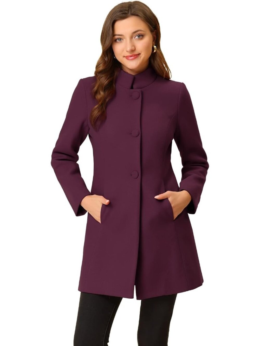 Women's Purplish Red Mid-long Stand Collar Single Breasted Loose Fit Trench Coat